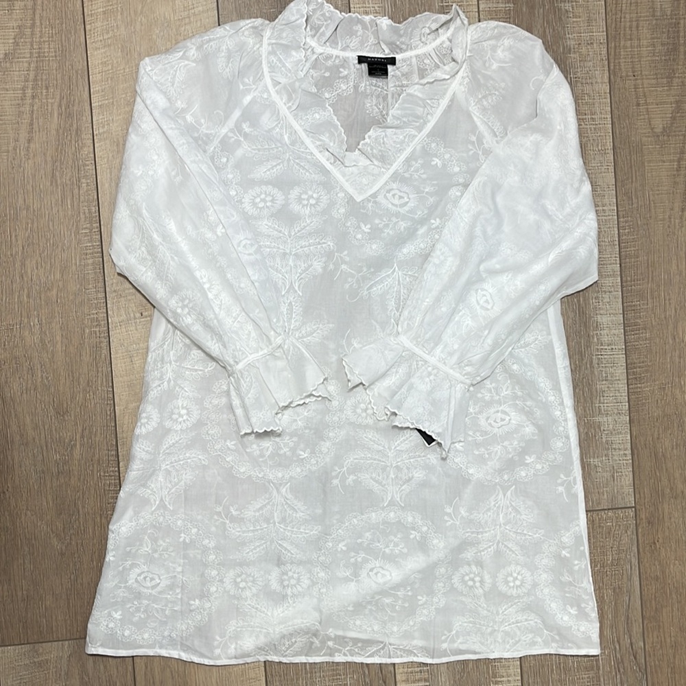 Natori Long Flare Sleeve Sheer Floral White Embroidered Boho Dress Cover Up S - Picture 13 of 14